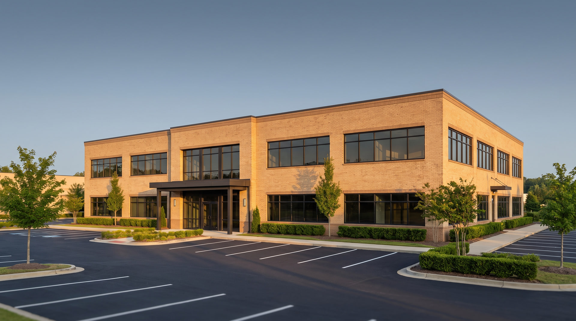 A two-storey multi-tenant office and flex building with a covered entry canopy and a freshly striped parking lot.